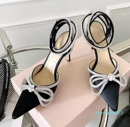 Mach&Mach Satin sandals Womens leather sole high heels 9.5cm black 31 diamond chain decoration women high heeled Luxury Designers Dinner dress Pumps