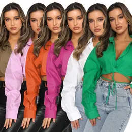 2023 Damen-Shirt mit langen Ärmeln, kurzer Stil, lockere einfarbige Strickjacke, Schnür-Revers, einreihiges Crop-Top-Shirt, lässige Damenblusen, 6 Farben