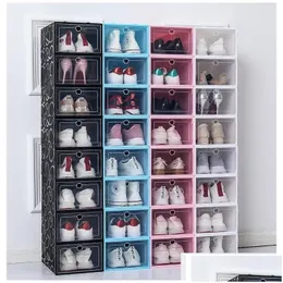 Caixas de armazenamento Bins Transparent Shoe Box Shoes Organizadores espessados ​​de pó dobrado à prova de poeira Gabinete combinado DH6U5
