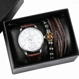 Wristwatches Men's Watch Woven Bracelet Bead Gift Box Set Leather Strap Casual Business Quartz Watches Simple Dial Wristwatch Timepiece