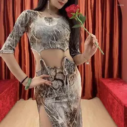 Scen Wear Belly Dance Clothes 2023 Elastic Leopard Print Women's Practice Practice Yoga Suit