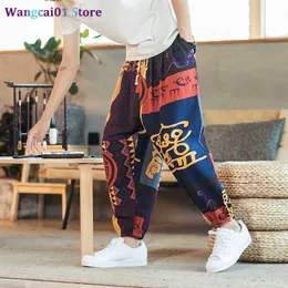 Wangcai01 Męskie spodnie drukowane mężczyźni kobiety workowate Pants Hip Hop Joggers Przyczynowe luźne spodnie Aladdin Crotch szerokie nogi bawełniane spodnie lniane 0318h23