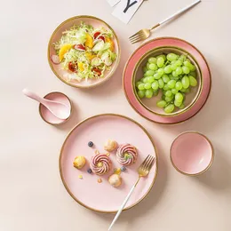 Миски розовая керамическая матовая тарелка для завтрака домашняя чаша и расположенная с золотистым ободом Nordic Western Restaurant High-end Dableware