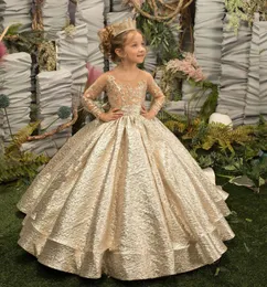 2023 Gold Flower Girl Dress Princess Illusion Sleeve z dziobowymi guzikami soczysty spódnica urodziny