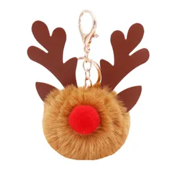 Keychains Christmas Elk Key Chains For Women Soft Plush Accessories Female PU Leather Hairball Backpack Pendant Cute Antlers Car KeychainsKe