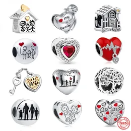 925 Silver Fit Pandora Original Charms Diy 펜던트 여성 팔찌 Bracelets Beads 가족 시리즈 행복 트리 트리 매력 Red Love Lock