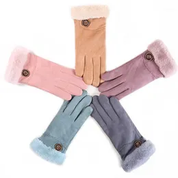 Fünf Finger Handschuhe Frauen Touchscreen Wildleder Handschuh Winter Doppelschicht Pelzigen Fäustlinge Warme Schneeflocke Stickerei Outdoor Modische Handschuhe1