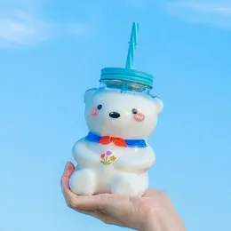 Bottiglie d'acqua da 550 ml Bottiglia per bere orso divertente Cartone animato Simpatico vetro trasparente con tazza di latte in paglia Regalo di compleanno per ragazze