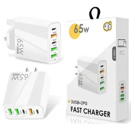 65W USB Charger 5 Ports Snabbladdningsladdning Typ C PD Snabbtelefonladdare Koreanska pluggar Laddningsadapter för iPhone -surfplatta Samsung LG -mobiltelefon med detaljhandelslådan