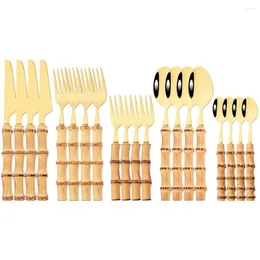 Servis uppsättningar 20st Gold Knife Cake Fork Coffee Spoon Set Bamboo Handle Cutlery 304 Rostfritt stål Tabeller Western Flatware