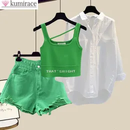 Womens Two Piece Pants Korean Summer Style Worn Casual Shorts White Chiffon Shirt Green Vest Bra Three Elegant Set 230317