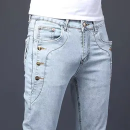 Mens Jeans 3 Colors Men Cotton High Quality Korean Style Stretch Slim Fit Denim Pants Fashion Button Skinny Male Trousers 230317