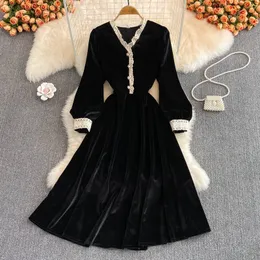 Yeni Sonbahar Vintage Sıradan Elbiseler Sol Slim Full Lady Elbise Bir Çizgi V Boyun Şifon Kazak Orta Kalif Fener Kılıf Kadın Elbiseleri 2023