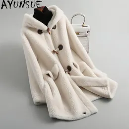 Women's Fur & Faux AYUNSUE 2023 Wool Real Coat For Women Clothes Winter Sheep Jackets Coats Female Long Hooded Suede Lining Overcoat LW4376