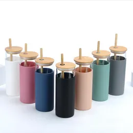 Glass Tumbler Single Layers Glass Water Bottle With Bamboo Lid Straw Silicone Sleeve Tumblers Dining Drinkware Logo Customize Cup 7 Colors YG1239