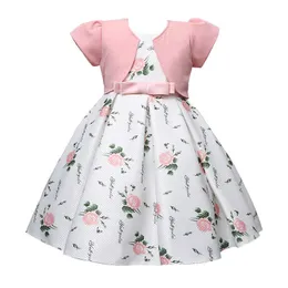 Girl's Dresses Outong 2pcs Dress For Girls Little Coat Bow Floral Print 5 6 7 9 Years vestido infantil menina Children Dress Girls Clothes Set