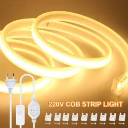 LED -remsor AC 220V COB LED -strip lampor CRI RA90 288LEDS/M flexibel utomhuslampvattentät LED -tejp EU Plug Kitchen Home Room Decoration P230315