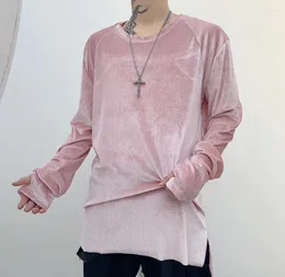 Magliette da uomo Coreano Velluto brillante Maglietta da uomo Manica lunga Fori per le dita Fessura laterale Rosa Grigio Autunno Primavera Hiphop Top