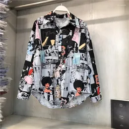 レディースブラウスアメリカンレトロポロネック女性シャツアニメ印刷ルーズロングスリーブカジュアルシャツフェミニノ韓国ファッションブラウスドロップ