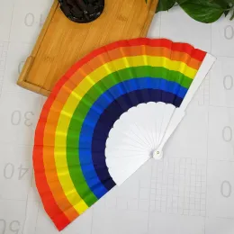 Home Decoration Rainbow Hand Held Folding Fan Silk Folding Hand Fan Vintage Style Rainbow Design Held Fans For Birthday Graduation Holiday 0319