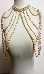 CHRAN Mode Frauen Sexy Gold Farbe Körper Halskette Kette Charme Multi Schicht Faux Perle Schulter Slave Bauch Gürtel Harness schmuck5170559