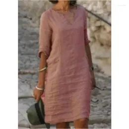 Casual Dresses 2023 Cotton Linen Dress Plus Size Long Beach Midi V-neck Women Clothing Summer Spring Autumn Maxi Yellow Black Pink 5xl