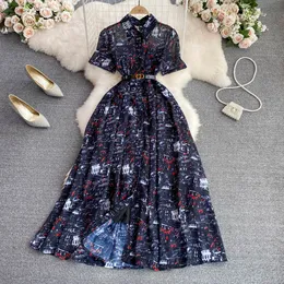 Summer francuski vintage Delikatna sukienka spin śnieżna klapa owinięta cienki nadruk jednopięte piersi elegancka długa sukienka