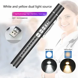 USB Rechargeable LED Pen Medical Flashlights Torches White Yellow Light Double Light Source Medical Pen Clip Pocket Light