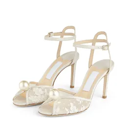 Modepumpar kvinnor Sandaler London Sacora 85 Italien Brand Ankle Sling Fish Mouth Pearl Embelled Slingback Strass Design Wedding Party Sandal High Heels Box EU 35-43