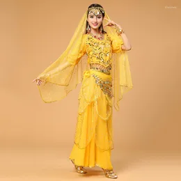 Stage Wear Women Bollywood Dance 4-Piece Set Costume Veil Head Dress Top Coin Belt and Skirt Belly Costumes 6 Färger