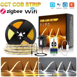 LED -remsor Tuya Alexa CCT Bicolor Cob LED Strip Voice Control Lights Flexibel Dimble för husdekorationsbelysning WiFi Zigbee Smart Home P230315