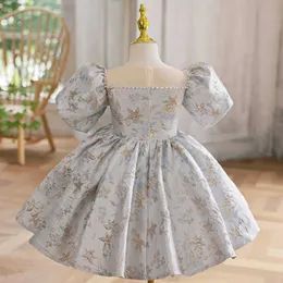 Girl's Dresses Baby Girl Princess Pearl Beading Satin Dress Puff Sleeve Child Vintage Vestido Party Pageant Birthday Frocks Baby Clothes 1-10Y
