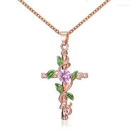Pendant Necklaces Trendy Vine Climber Leaves Rhinestone Cross Necklace For Women Rose Gold Color Vintage Choker Chain Jewelry