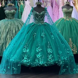 Quinceanera Dresses Princess Cloak Green 3d Flowers Crystal Sequins Beading V-Neck Ball Gown with Sweet 16 Debutante Birthday Vestidos de 15 Anos 63