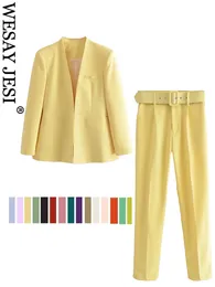 Women Dwuczęściowe spodnie Wesay Jesi Women Office Suit Fashion Blazer PantiSt Prosty stały kolor garnitur Długie rękawy 2 -częściowy zestaw Blazer 230320