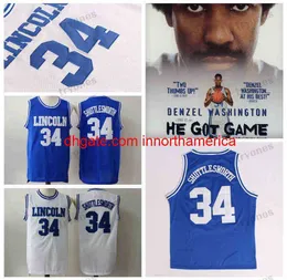 Mens #34 Jesus Shuttlesworth Lincoln High School Ray Allen Basketball Jersys 1998 영화 He Game Jersey Blue White Red Stitched