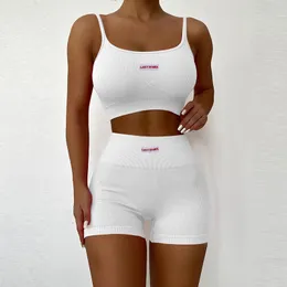 Outdoor T-Shirts Women Sports Two-piece Running Set Summer Ribbed Knit Tracksuits Female Sleeveless Straps Crop TopsHigh Waist Shorts Female Set 230317