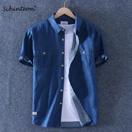 Men's Casual Shirts Schinteon Summer Men 100% Slub Cotton Shirt Short Sleeve Thin Slim Casual Denim Comfortable Shirt Two Front Pockets 230320