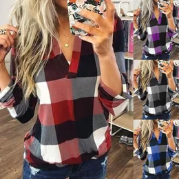 Kvinnors polos vplus size womens v hals lösa toppar blus damer plädkontroll lång ärm t shirt lady casual pullover mode 230317