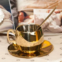 Cups Saucers Europe Style Double Wall Coffee Cup Set Gold Color Stainless Steel Tea With Spoon Plate