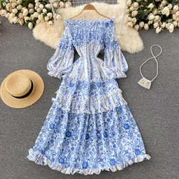 Casual Dresses French Style Elegant Big Swing Maxi 2023 Women Slash Neck Long Sleeve Print Vintage Backless Sexy Chiffon Dress