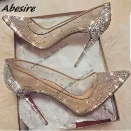 드레스 슈즈 Abesire Crystal Pumps 얕은 크리스탈 스틸레토 솔리드 펌프 베이지 하이힐 여자 봄 신발 파티 섹시 큰 크기 230320