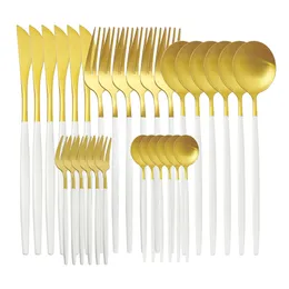 Servis uppsättningar 6/30 st vita guldmatt rostfritt stål knivgaffel gaffel bordsvarig cutlery kök flatvartjänst för 6 230320