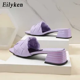 Sandaler Ny Purple White Weave Square Toe Low Heels Slippers For Women Designer Ladies Slides Sandels Summer Zapatillas de Mujer 230320