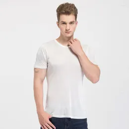 Mäns T -skjortor 2023 Spring Summer Men Basic Shirt Natural Silk Solid Short Sleeve Top Mens White Navy Grey