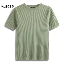 レディースTシャツhlbcbg春夏女性編み女性Tシャツファッション半袖トップカジュアルキントウェアベーシックリブ女性Tシャツ230320