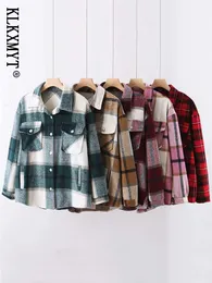 Kvinnorjackor klkxmyt Plaid jacka kvinnor kappa traf höst vinter vintage stilfulla fickor överdimensionerade jackor rockar avslappnade varma chic toppar 230317