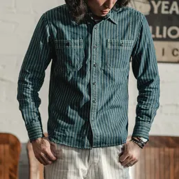 Mäns avslappnade skjortor ur lager 9 oz wabash bomullsventilen arbetsskjorta för mäns avslappnad retro gata kläder denim randig indigo långärmad skjorta 230412
