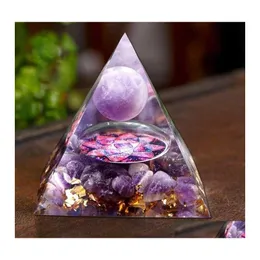 Decorative Objects Figurines Handmade Orgonite Pyramid 60Mm Amethyst Crystal Sphere With Natural Cristal Stone Orgone Energy Heali Dhbrc