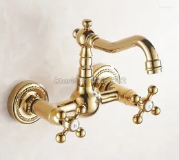 Bathroom Sink Faucets Wall Mounted Polished Gold Color Brass Kitchen Swivel Spout Faucet / Basin Dual Cross Handles Mixer Taps Wgf019